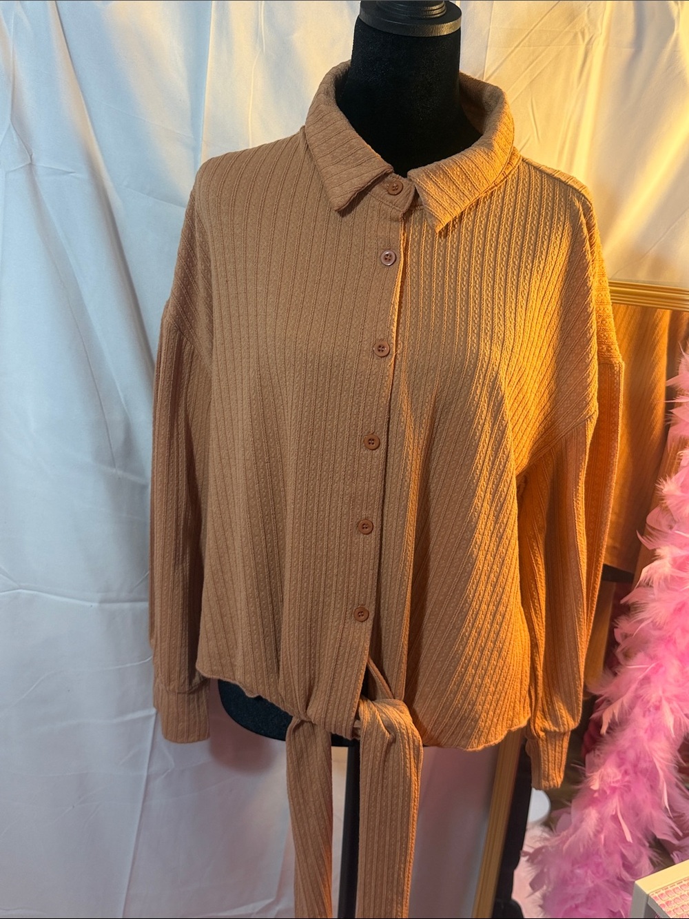SHEIN Camel Ribbed Button-Down Tie Hem Shirt